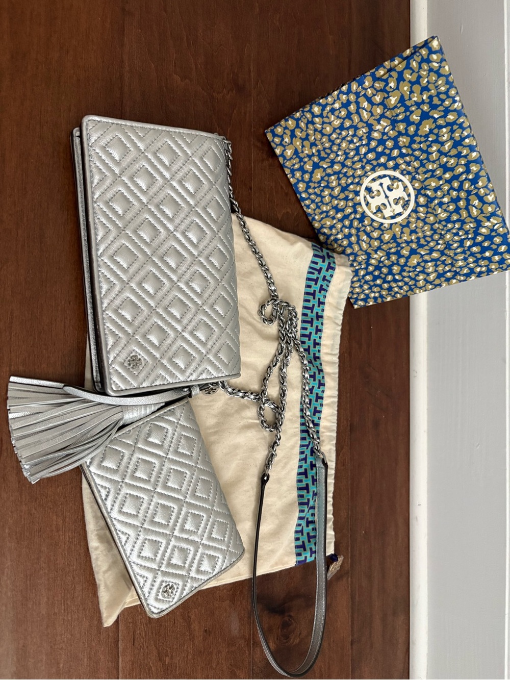 Tory Burch Silver Quilted Leather Tassel Crossbody Set